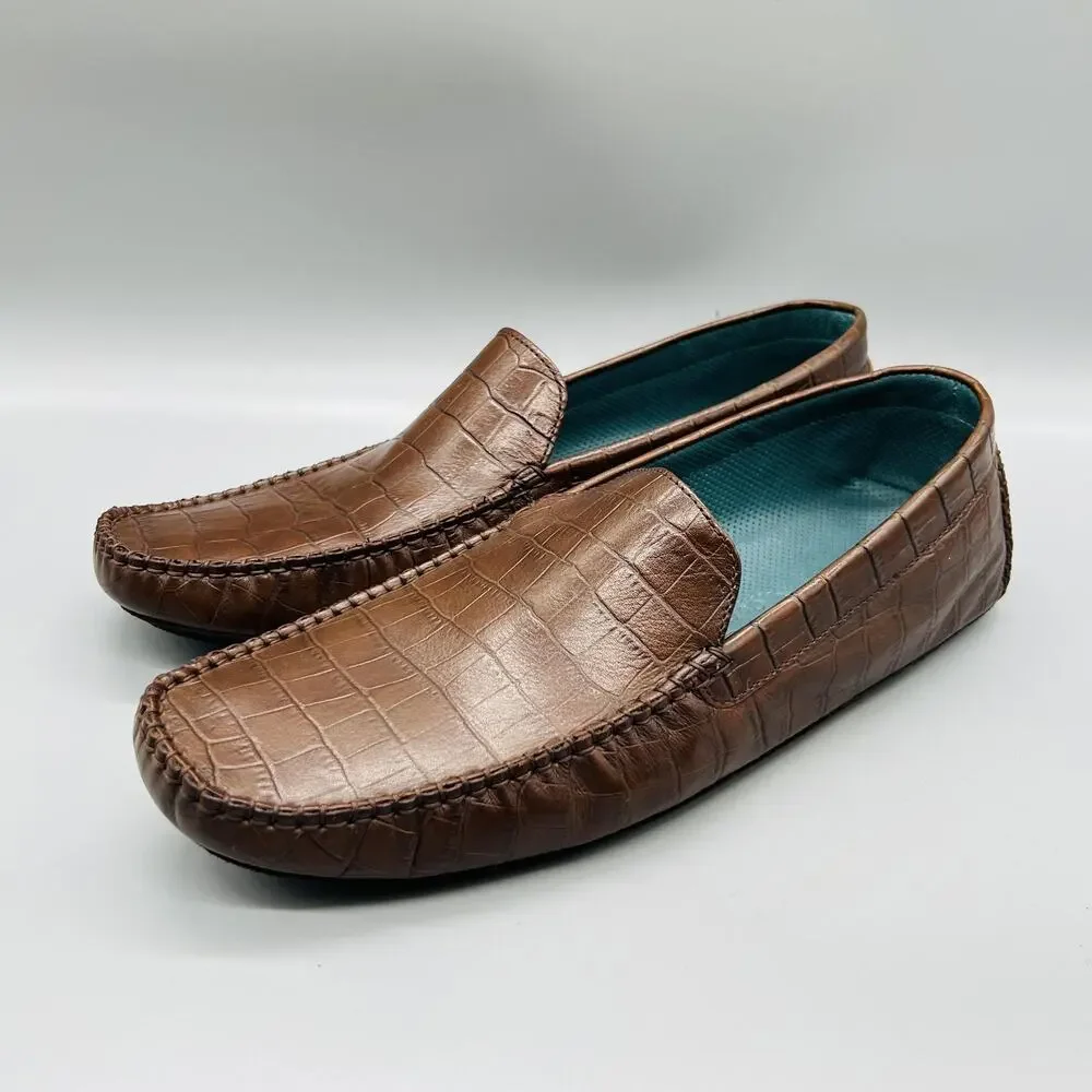 Cole Haan Shoes Mens 11 Brown Leather Croc Embossed Driving Moc Loafers Comfort